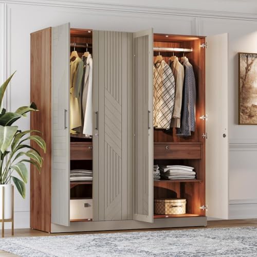 Image of Wakefit Tyrian Plus 4 Door with 4 Shelves 2 Drawers 2 Hanging Areas 1 Mirror SH2-Carcass: Columbian Walnut Shutter: Creamy Brown