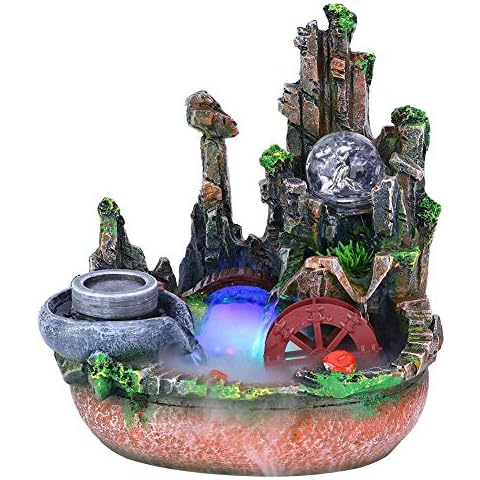 Zimmerbrunnen aus Polyresin Springbrunnen Tischbrunnen mit LED Beleuchtung & Zerstäuber Wasserfall Brunnen Zierbrunnen für Innen Cover