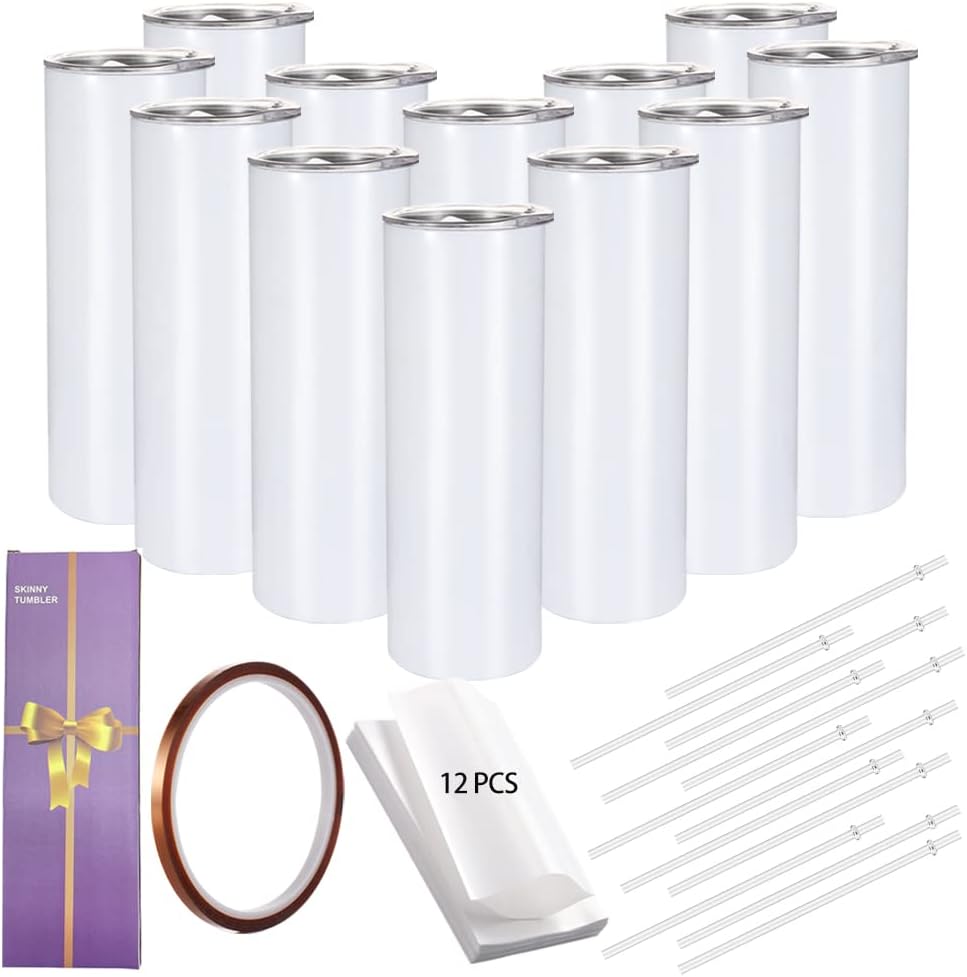YOUKE OLA 12 Pack Straight Skinny Sublimation Tumblers 20oz for Heat Transfer, Bulk Sublimation Blanks Individually Boxed, Double Wall Insulated Tumbler with Shrink Films & Heat Tape, White (12)