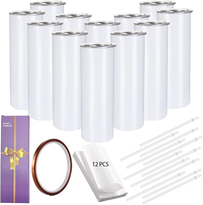 YOUKE OLA 12 Pack Straight Skinny Sublimation Tumblers 20oz for Heat Transfer, Bulk Sublimation Blanks Individually Boxed, Double Wall Insulated Tumbler with Shrink Films & Heat Tape, White (12)