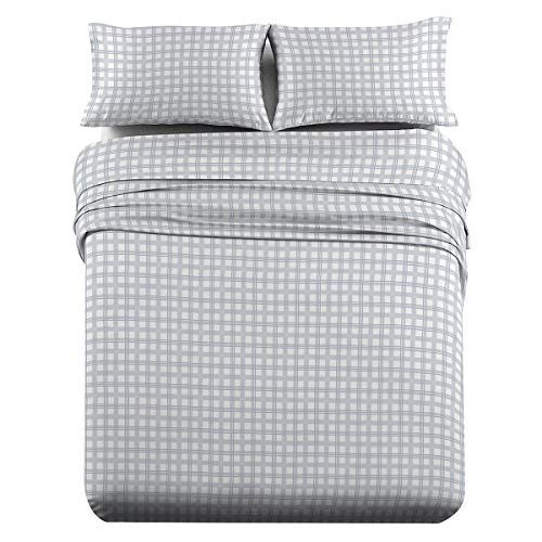 Royal Tradition Heavyweight Flannel, 100-Percent Cotton Twin Extra Long XL 3PC Bed Sheets Set, Grey Check Print, 170 GSM