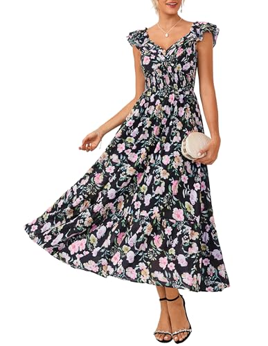 Image of GRACE KARIN Women's Summer Floral Maxi Dress 2026 Ruffle Sleeve Smocked Sundress Flowy Wedding Guest Long Dresses with Pocket