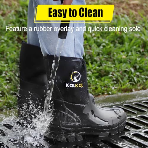 Image of Kalkal Rubber Boots for Men, 6mm Neoprene Insulated Rain Boots with Steel Shank, Waterproof Mid Calf Rubber Work Boots For Mud Gardening Farming Fishing Hunting Working, Size 7-14