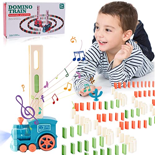 FORMIZON Dominó Tren Juguete, 100 Piezas Bloques de Dominó, Juego de Juguete de Tren de Dominó con Luz y Sonido, Tren Eléctrico Juego Automático, Juguete Educativo para Niños Mayores de 3 Años (Azul) Cover