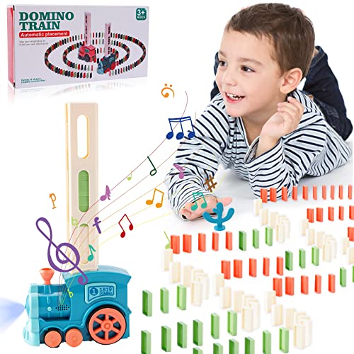 FORMIZON Domino Zug Spielzeug Set, Kinder Elektronische Zug mit 100Pcs Domino Blöcken, Automatischer Domino Zug mit Licht und Ton, Lernspielzeug für Kinder, (Blau)