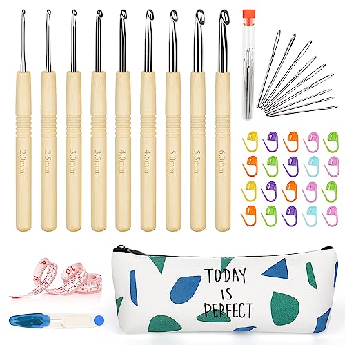 Coopay Häkelnadel Set mit Häkelzubehör, 9 Stück Rutschfest Häkelnadeln mit Bambus Griff und und Glatt Hakenkopf, 2,0mm - 6,0 mm Leichte Holzgriff Häkelnadeln für Arthritische Hände, Anfänger & Kinder Coopay Häkelnadel Set mit Häkelzubehör, 9 Stück Rutschfest Häkelnadeln mit Bambus Griff und und Glatt Hakenkopf, 2,0mm - 6,0 mm Leichte Holzgriff Häkelnadeln für Arthritische Hände, Anfänger & Kinder