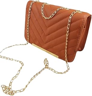 شنطة كروس مبطنة للنساء، جلد بيج داكن، حزام سلسلة ذهبي