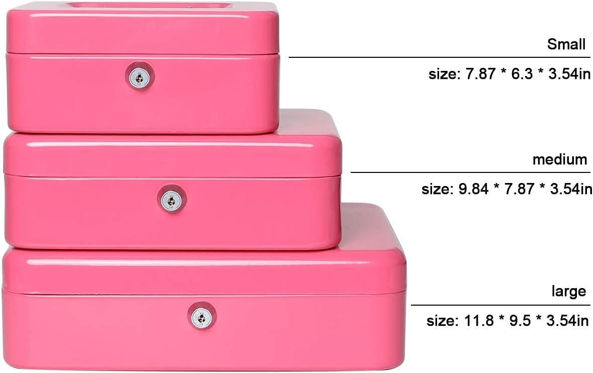 Cash Box with Money Tray and Lock, Lovndi Metal Money Box for Cash, Lockbox 9.84x 7.87x 3.54 Inches, Pink : Office Products