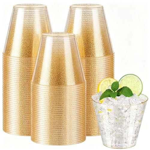 100 verres plastique 9 oz paillettes or mariage fête réception