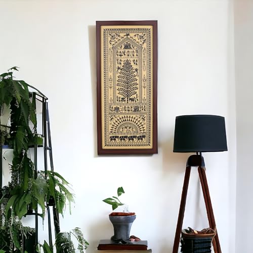 Image of Bhumee Creations Hand Printed Black Saura Tribal Painting on Tussar Silk | Framed Artwork | Size 22 Inches X 10 Inches