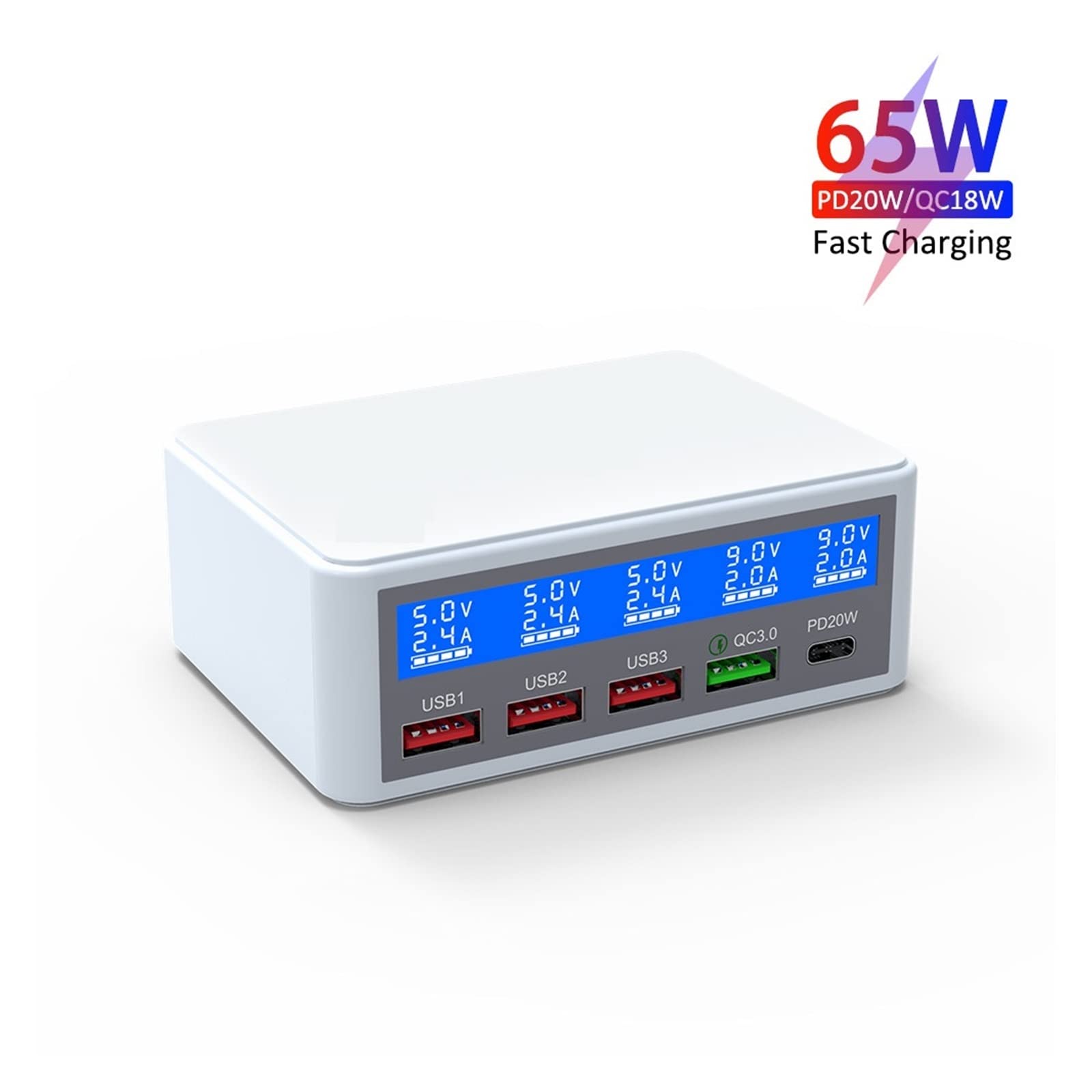 Stacja ładowania, Ładowarka 65 W Multi USB PD QC 2.0/3.0 Szybka ładowarka Szybkie ładowanie Stacja ładująca Przewód(Nero)