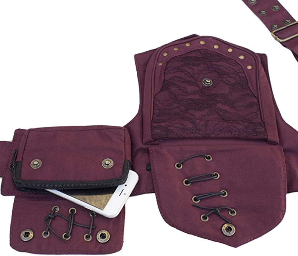 Waist Pack, Renaissance Bag for Women, Maroon Canvas Waist Bags, Thigh Bag with Multiple Pockets, Adjustable Hip Belt Bag for Travel, Work, School, Festival Party - Image 6