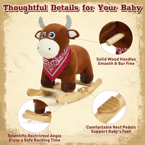 Image of FUNLIO Bull Rocking Horse Ages 1-3, Wild Baby Rocking Horse with Cuddly Head & Bright Sparkling Eyes, Stuffed Plush Ride-on Baby Rocker, Easy to Assemble, CPC & CE Certified