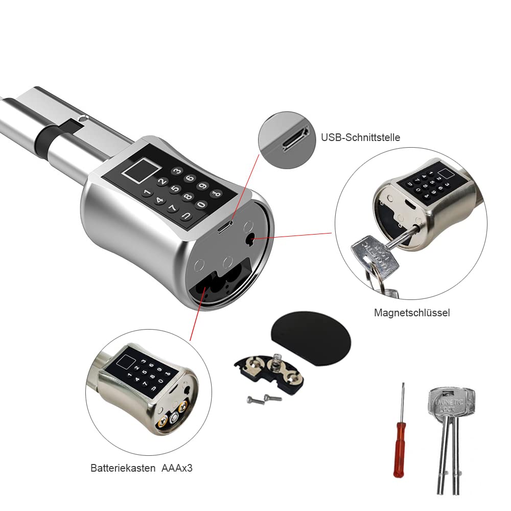eLinkSmart Türschlosszylinder 75mm (37.5/37.5) mit Bluetooth App Fingerabdruck Passwort Schlüssel - Geeignet für die meisten EU-Türschlösser DIY schnell Montage Fernautorisierung USB iOS Watch