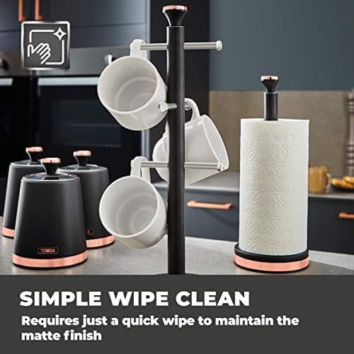 Tower T826132BLK Cavaletto Mug Tree with Stainless Steel Stoppers, Soft Underliner, Black and Rose Gold,13.5 x 13.5 x 43.5 cm