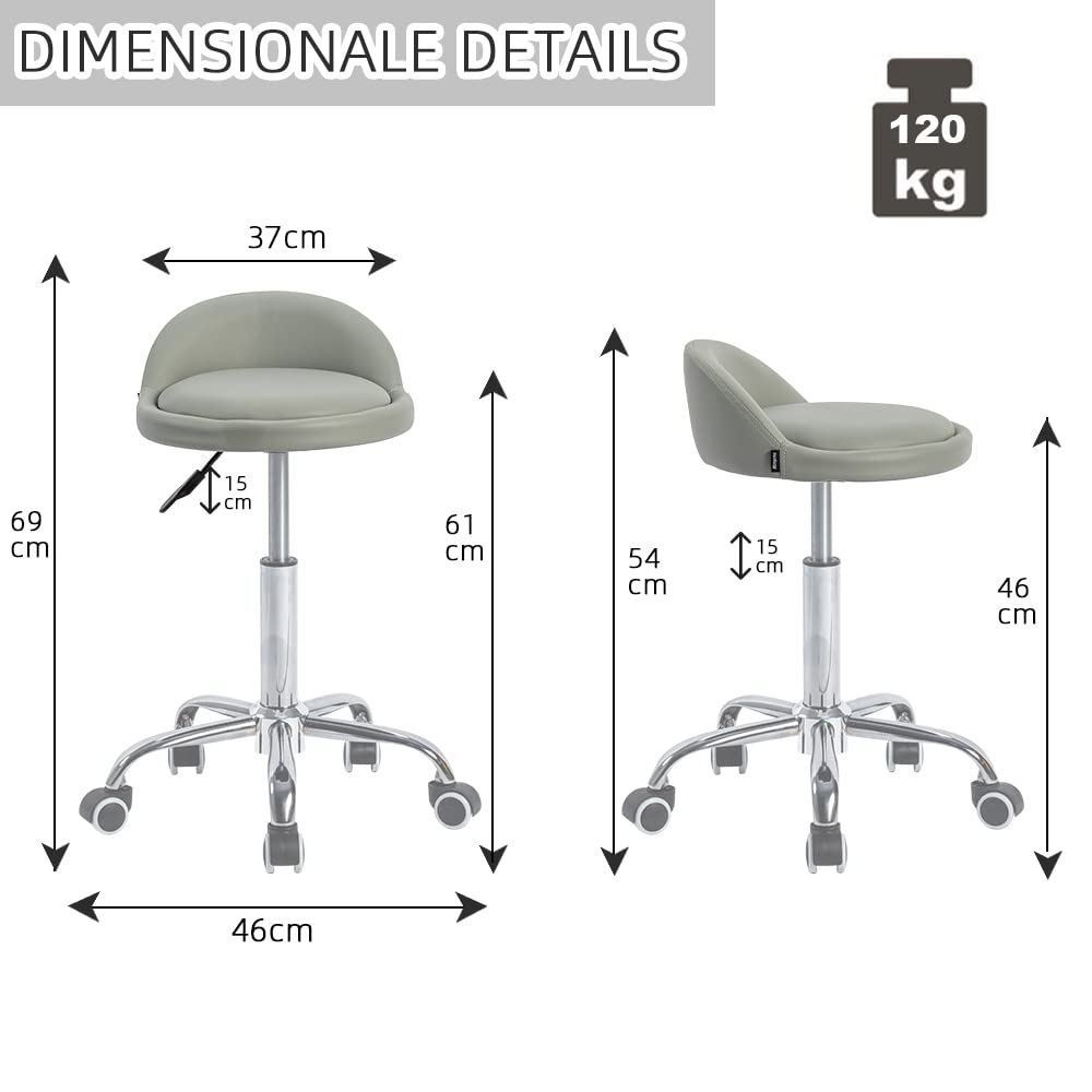 Mingone Sgabello con Ruote con Schienale Regolabile in Altezza Sedia Girevole con Sedile Rotondo Imbottito in Pelle per il Lavoro di Estetisti, Tatuatori, Grigio