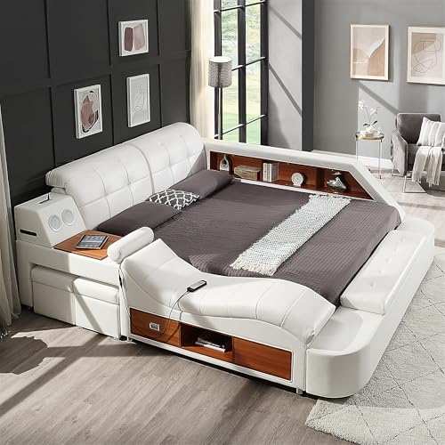 ModaWhly Smart Queen Bed Frame, White Multifunctional Bed with Massage