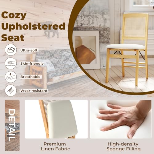 GOFLAME Folding Dining Chairs Set of 4, Linen Fabric Upholstered Kitchen Chairs with Padded Seat and Rattan Backrest, Rubber Wood Legs, Foldable Chairs for Dining Room, Living Room, Natural - Image 5