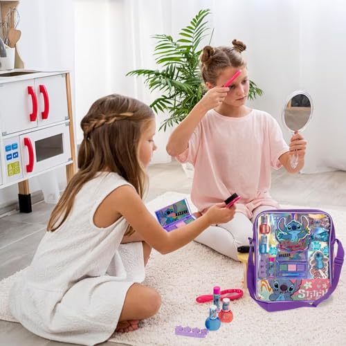 Disney Stitch Mit Make-up gefüllte Schultertasche mit Lipgloss, Nagellack, Haarschleife und mehr! Für Mädchen, ideal für Kinder ab 3 Jahren, perfekt für Partys und Makeovers