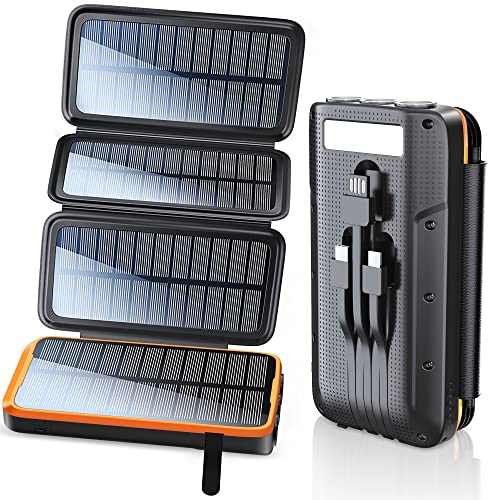 Batterie Externe Solaire 27000mAh, Chargeur Solaire Portable Power Bank USB C avec 4 Sorties 3 entrées et Torche, Chargeur Solaire avec 3 câbles et 4 Panneaux de pour Smartphones, Tablettes, Camping Cover