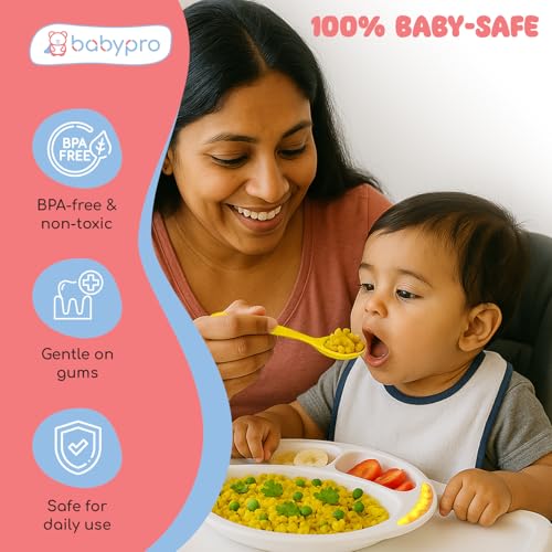 Image of BabyPro Feeding Plate Set with Spoon & Fork for Toddlers, Yellow 1+ Years | BPA-Free, Non-Toxic, Easy-Grip Handles, Pefrect Size Baby Meal Set for Kids