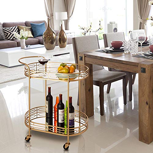 Glitzhome 30.75 Inch H Oval Gold Bar Cart With 4 Wheels 2-Tier Deluxe Tray Metal Mirrored Glass Top Rolling Serving Cart For Kitchen Living Room Hotel Wine/Tea Serving Cart thumb #6