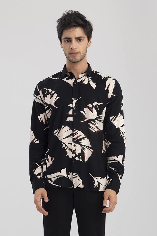 Image of SNITCH Cut Leaf Black Shirt Rayon Slim Fit Shirt