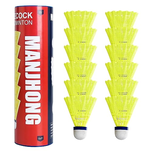 Image of MANJHONG Badminton Nylon Shuttlecocks Cork Base, Great Durability & Stability Shuttles for Indoor Outdoor Practice Training, Yellow 12PK