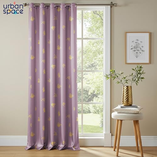 Image of Urban Space 100% True Blackout Curtains for Door, Gold Foil Printed Blackout Curtains, Blackout Decorative Door Curtain Eyelet with Tieback, 1 Piece Curtain for Living Room(Crackle Lilac, 8 Feet)