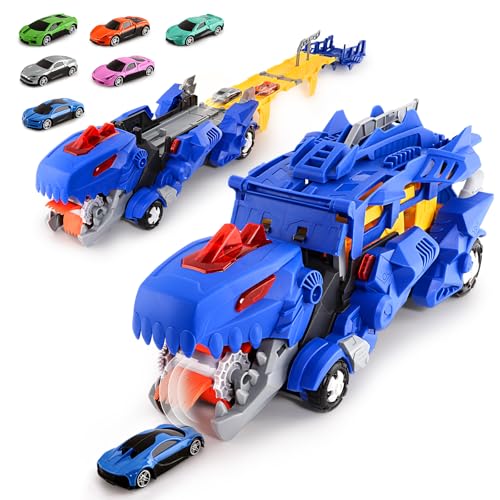 Dinosaur Transporter Toy for Kids 3 Years Old Foldable Race Truck Set with 6 Racing Cars 114cm Ejection Folding Race Track Carrier Truck Toys Christmas Birthday Presents for Boys Girls Age 3+