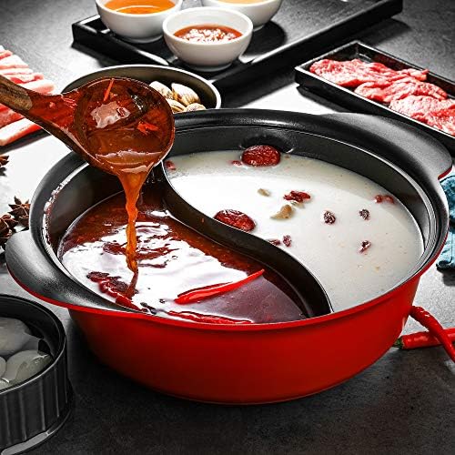 Haufson Yin Yang Hot Pot | Casserole Pan with Lid | Non Stick Pot | Soup Pan Stock Pots | Professional Kitchenware for The Home(Red)