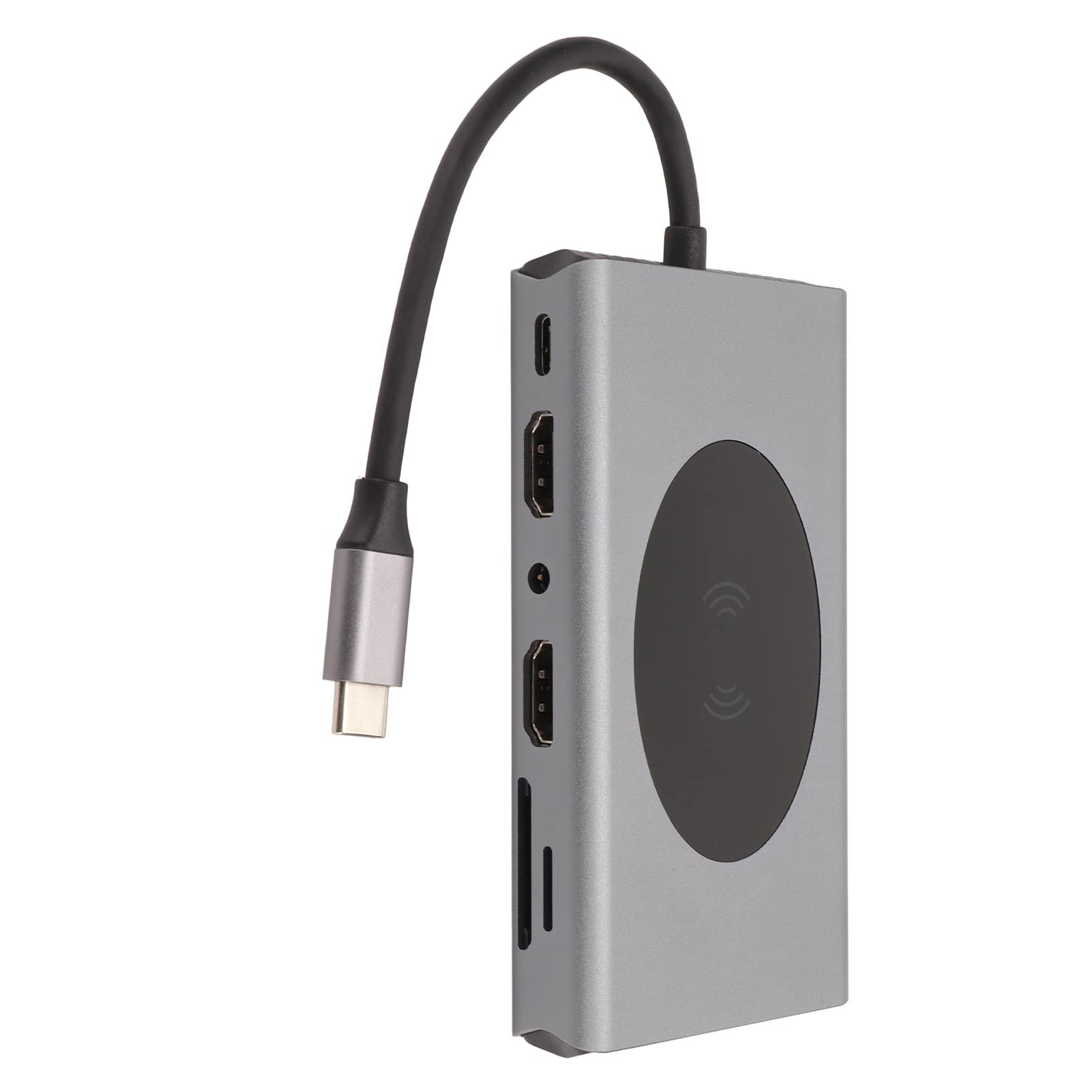 Fugacal 14 in 1 Docking Station, 5W 7.5W 10W Wireless Charging 5 USB3.0 Ports VGA Interface Type C Hub Multiport Adapter for Type C Channel Computers (Grey)