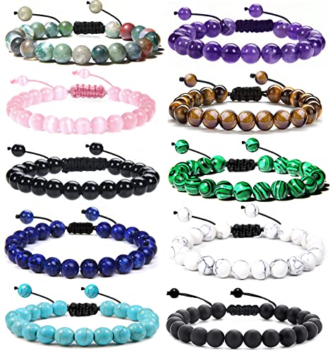 Jewdreamer 10Pcs Healing Gemstone Bracelet Crystal Beaded Bracelet Unisex 8mm Natural Tiger Eye Stone Bracelets Amethyst Energy Power Bracelets Elastic Adjustable