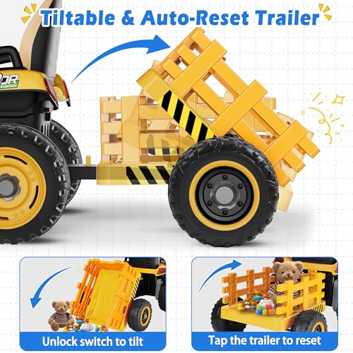 Image of ARBELI 24V Ride On Tractor w /2.4G Remote Control, Tiltable Trailer, Yellow