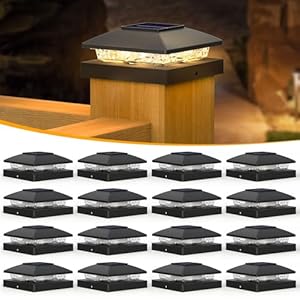 APONUO Solar Post Cap Lights for 4×4 Posts – IP64 Waterproof, 3000K LED, No-Wire Fence Lights & Deck Lights for Patio Garden Yard Patio, Black-Warm White, 16 Pack