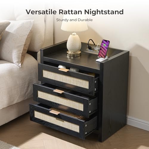 SICOTAS Nightstands Set of 2 Bedside Table - Larger Rattan Night Stand with Type-C Charging Station, 3 Drawers Storage - Boho Tall Night Stands End Table for Bedroom Office - Black Oak - Thumbnail 5