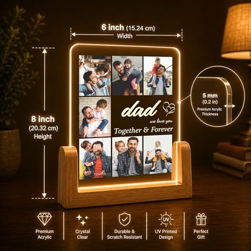 Image of Giftplease Personalized Rectangular Acrylic Wood Photo Frame | Warm LED Light Base Custom 7 Picture Collage Night Decor for Father Papa Husband | Fathers Day Best Dad Birthday Tabletop
