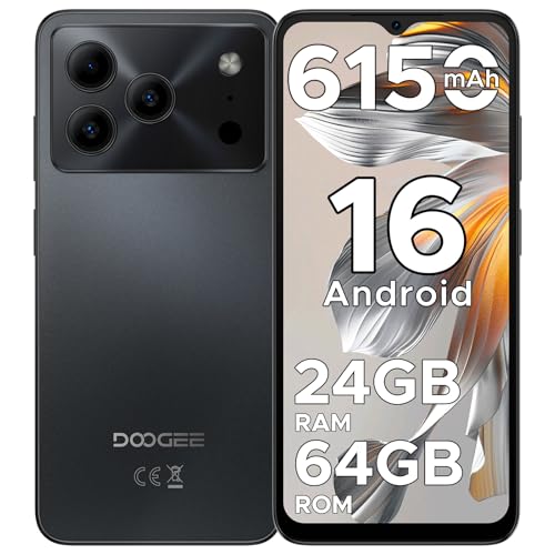 DOOGEE Note 56 Mobile Phones, Newest Android 16 Smartphone, 6150mAh, 8.45mm Ultra-Slim, 6.56" HD+ 90Hz, 24GB + 64GB/2TB Android Phones,4G Dual SIM Unlocked Mobile Phone, Face ID, GPS, OTG, FM-Black