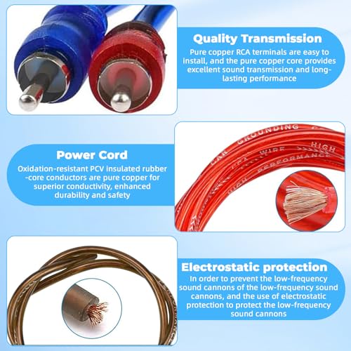 Carreuty 10GA Kfz Verstärker Kabelsatz Anschluss Set, 1500w Subwoofer Kabel Set Auto Verstärker Kabel Car Audio Wire Endstufen Anschluss Kabelsatz installieren Verbinder Set mit Sicherung