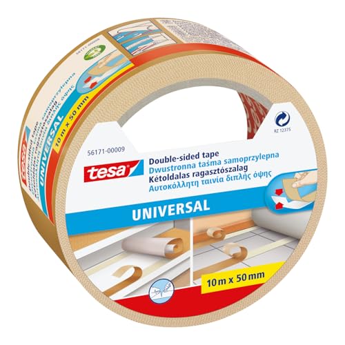 tesa Doppelseitiges Klebeband Universal - Vielseitiges Klebeband für Verpackungen Deko und Teppiche oder zum Basteln - 10 m x 50 mm
