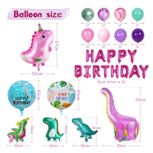 Image of 150 pcs Dinosaur Birthday Party Supplies For Girls (Serves 12), Pink Dinosaur Party Decorations, 50 pcs Latex Balloons, 12 sets Tableware, Plates, Tablecloth, Installation Tools