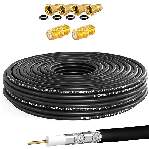 HB-DIGITAL Cable Coaxial SAT HQ135 PRO de 15 m, 2 Conectores F + 4 Conectores F Dorados Gratis, Cable de Antena Satélite 4 Vías Apantallado para Sistemas DVB-S/S2 C/C2 T/T2
