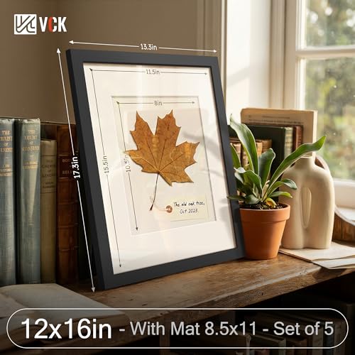Image of VCK 12x16 Picture Frame 5 Pack, Black Wood, 8.5x11 Mat, Glass, for Artwork
