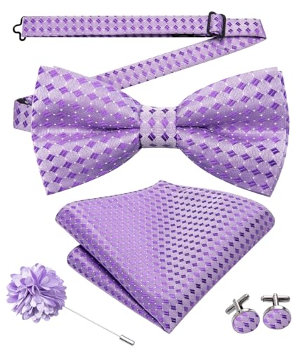 Image of Hi-Tie Bow Ties for Men Pre-Tied Pocket Square with Cufflinks Mens Bowtie Sets for Wedding Formal Party