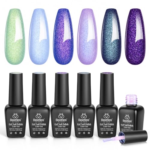 Image of Beetles Glitter Gel Nail Polish Set, Kaleido Galaxy 6 Colors Chameleon | Blue Green Purple Shimmer Gel Polish Adds A Sparkling Finish for Diy Uv Led Nail Art