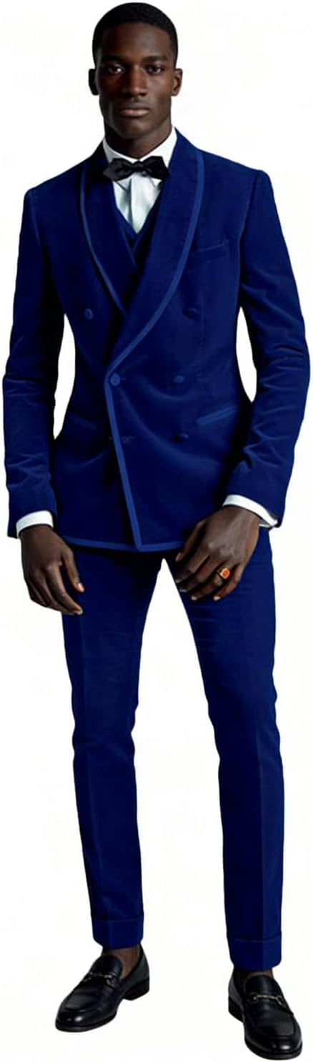 QZI Men's Casual Slim Fit Double Breasted Suit Velvet Light Weight Jacket And Pants&Vest