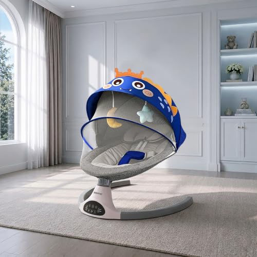 Image of Electric Baby Swing Rocker with Remote Control, Bluetooth Music, 5-Point Safety Harness, Soft Cushion, Mosquito Net & Canopy, Toy Bar, Infant Swing for 0-12 Months (Blue)