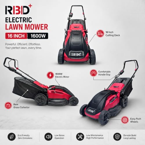 Image of RBD Electric Lawn Mower 16 Inch Blade, 230-240V 50Hz, 50L Grass Collection Box, Adjustable Cutting Height, Lightweight Low Maintenance Lawn Grass Cutter Machine for Garden, Yard & Landscaping
