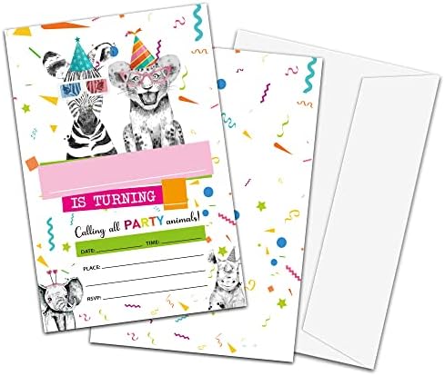 TIRYWT Party Animals Birthday Invitations, Safari Animals Birthday Party Invitations with Envelopes For Boys Girls(20-Pack), Birthday Party Invite Decorations Supplies -yqk-a17