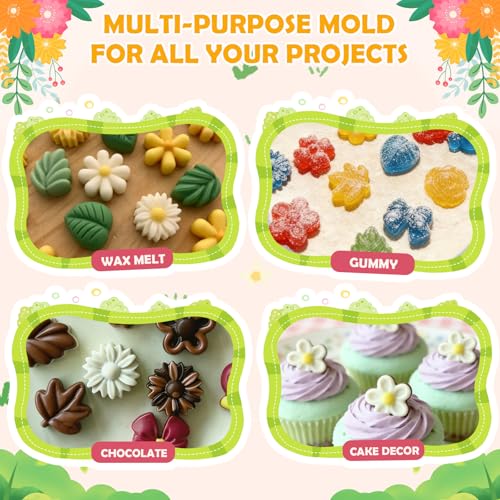Image of HKNMTT Flower Candy Molds Silicone, Small 9 Shapes Bite Size Chocolate Gummy Jello Gelatin Spring Cute Bow Rose Leaf Dessert Wax Melt Ice Cube Moulds Food Grade Treats Making Oven Safe Kids DIY Set